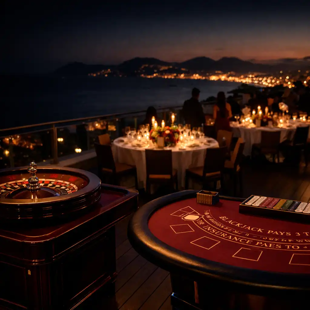 Terrasse de gala au crépuscule avec tables de roulette et blackjack mobiles pour une réception privée