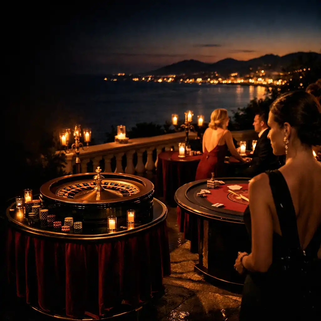 Terrasse de réception nocturne avec table de roulette mobile et table de blackjack élégamment installées