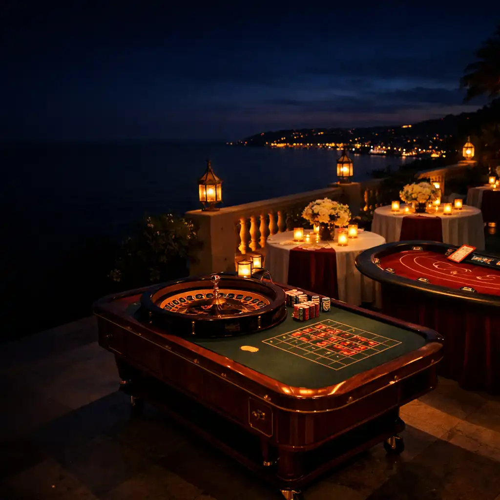 Terrasse de gala privée préparée avec tables de roulette et blackjack mobiles