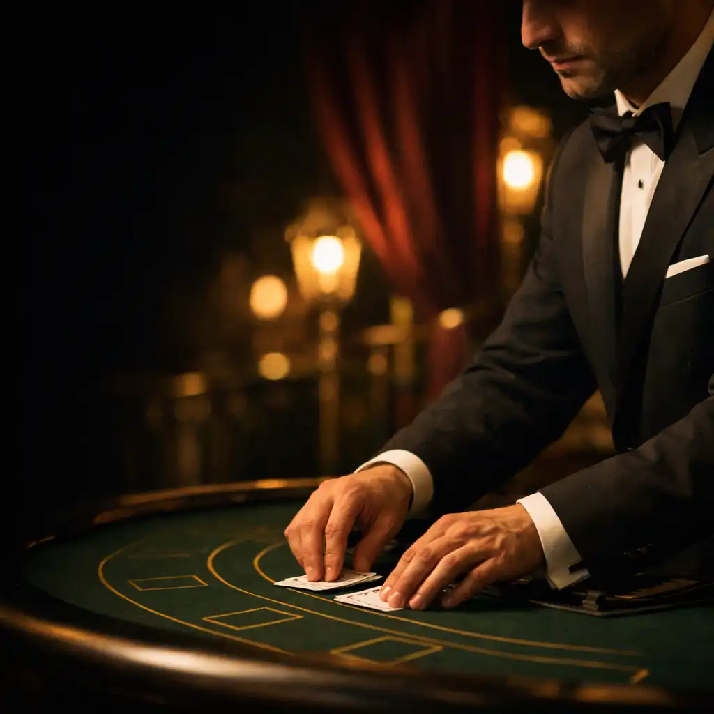 Croupier professionnel préparant une table de blackjack mobile
