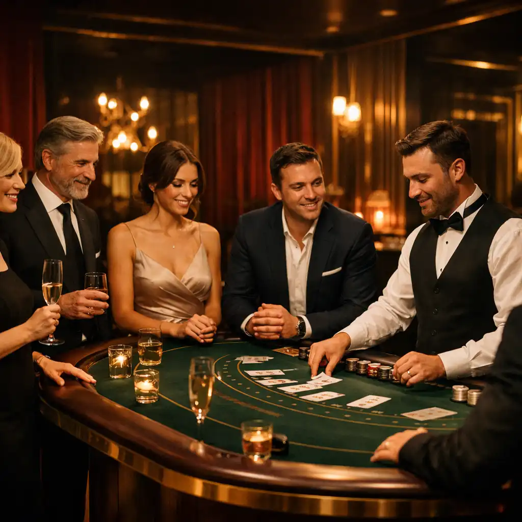 Réception d’entreprise privée avec invités autour d’une table de blackjack mobile