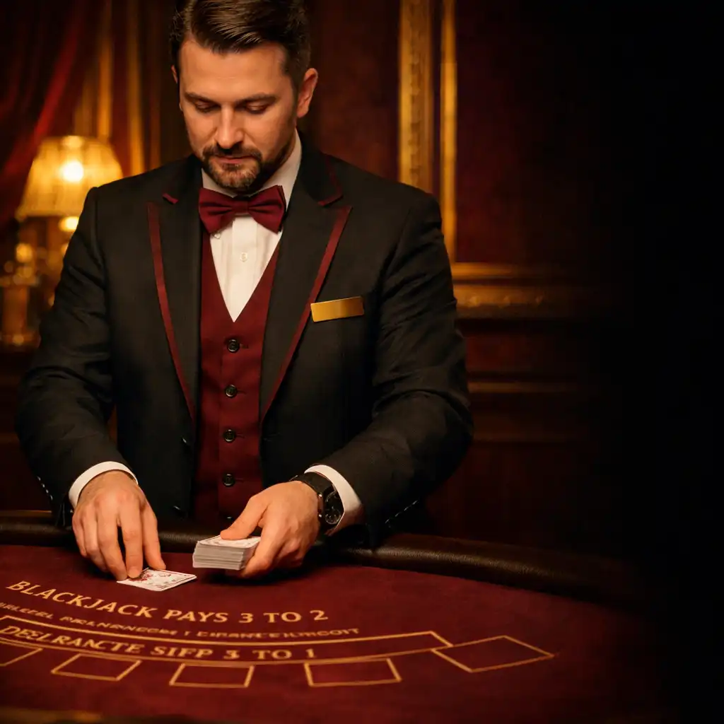 Croupier professionnel préparant une table de blackjack pour une réception privée