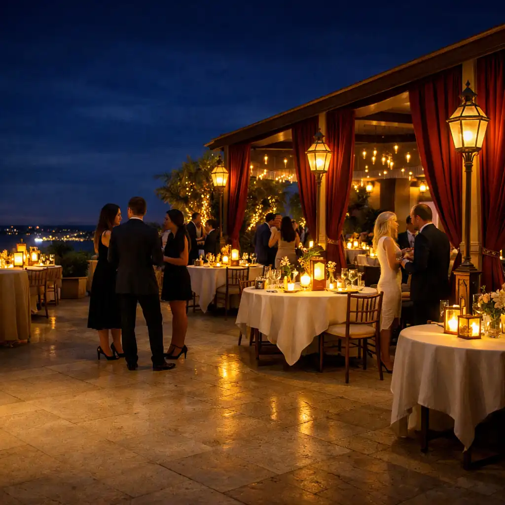 Réception corporate privée nocturne sur une terrasse méditerranéenne élégante