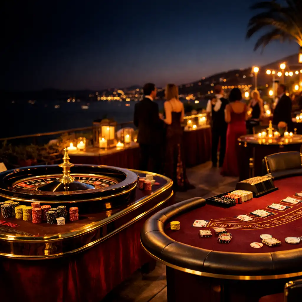 Terrasse de gala privée avec tables de roulette et blackjack préparées pour une réception corporate