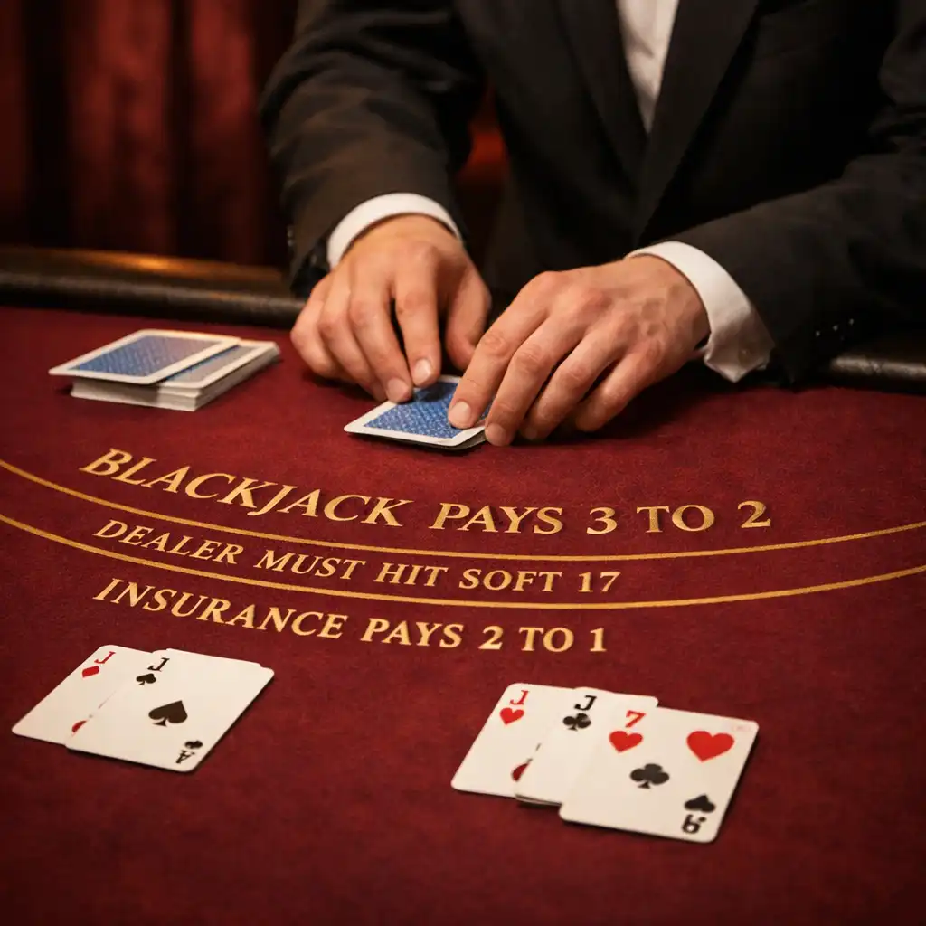 Détail d'une table de blackjack et geste d'un croupier lors d'une animation hors ligne