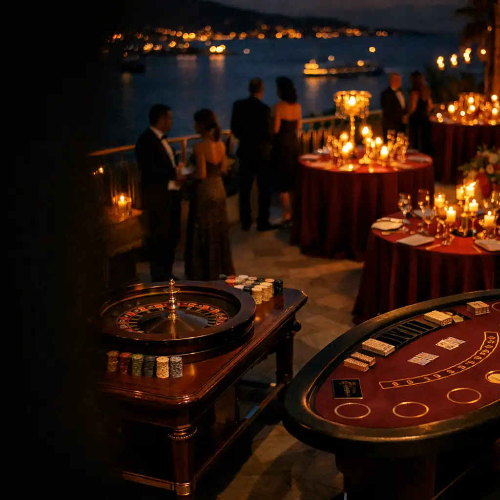 Terrasse de gala privée avec tables de roulette et blackjack installées pour une réception