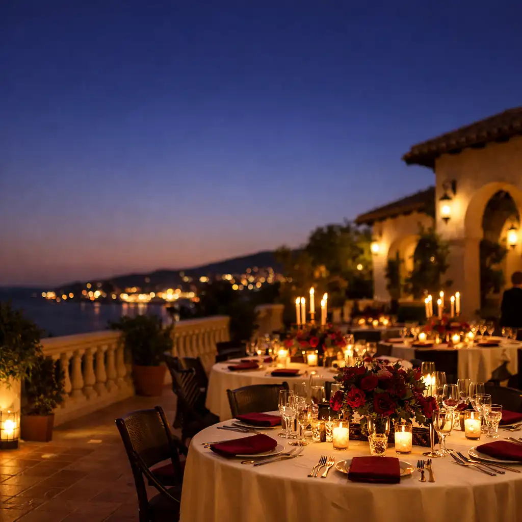 Réception privée de prestige sur une terrasse méditerranéenne au crépuscule