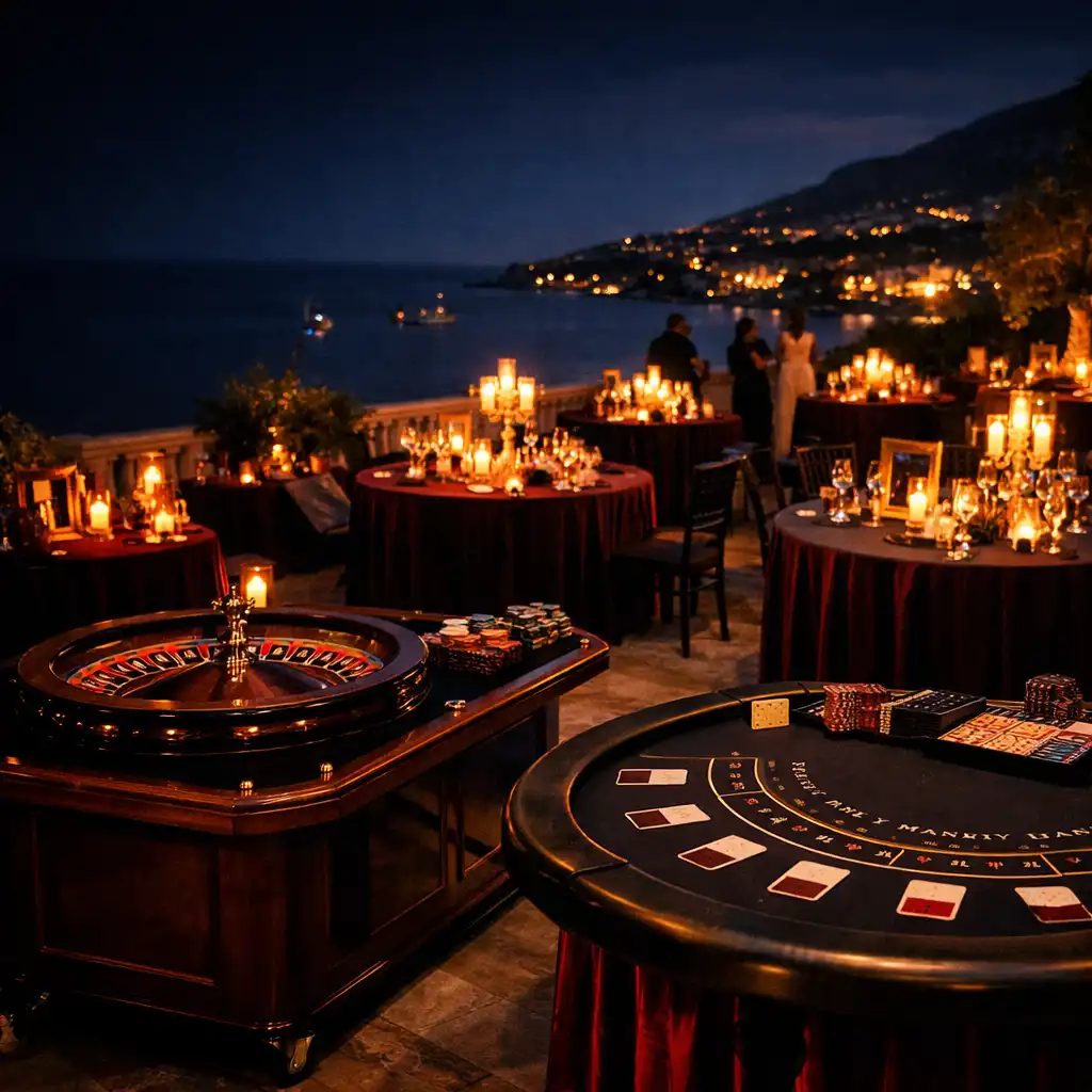 Terrasse de gala nocturne avec tables de réception, roulette mobile et table de blackjack élégantes