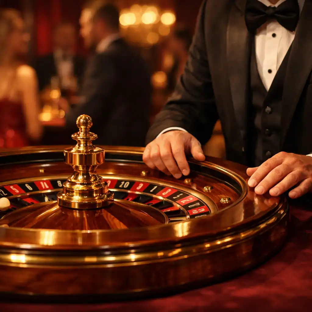 Table de roulette mobile et croupier professionnel dans une réception de luxe hors ligne