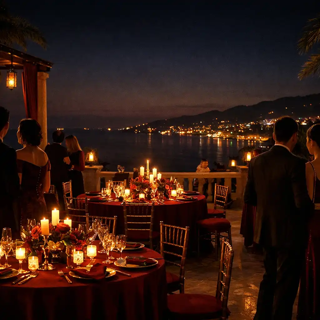 Réception privée de prestige sur une terrasse de nuit, avec tables dressées et lumière ambrée