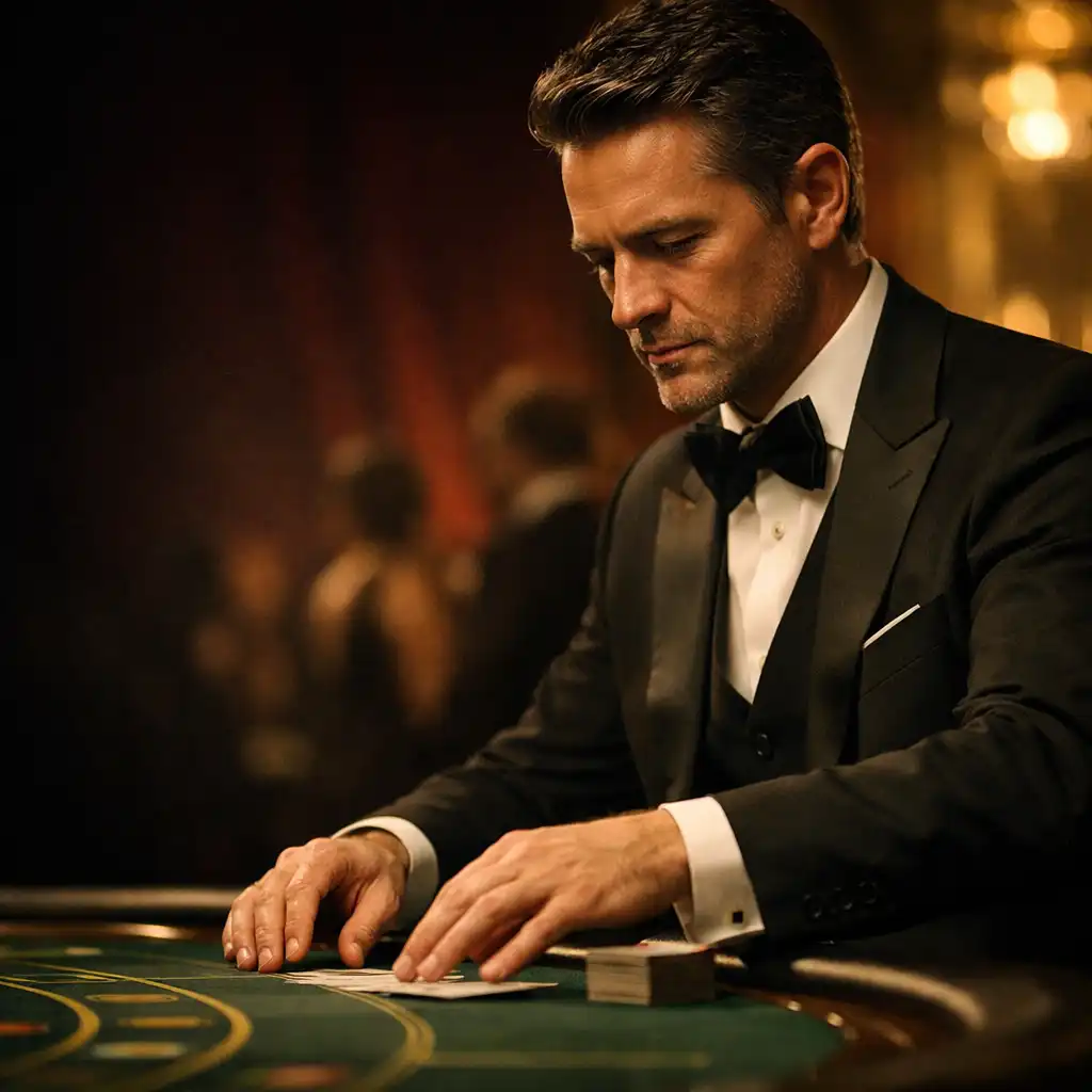 Portrait d’un croupier professionnel concentré sur son geste lors d’une animation salon mobile