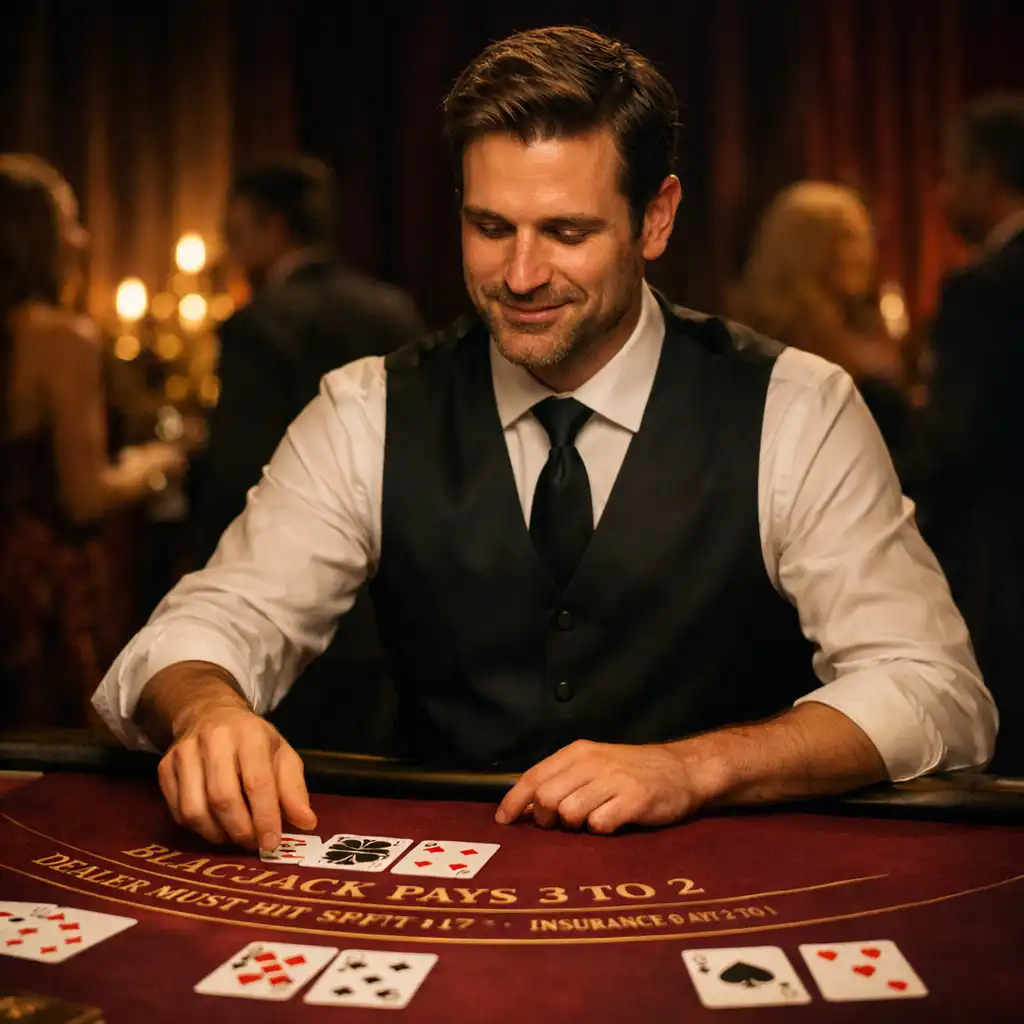 Croupier professionnel animant une table de blackjack mobile lors d’une réception privée
