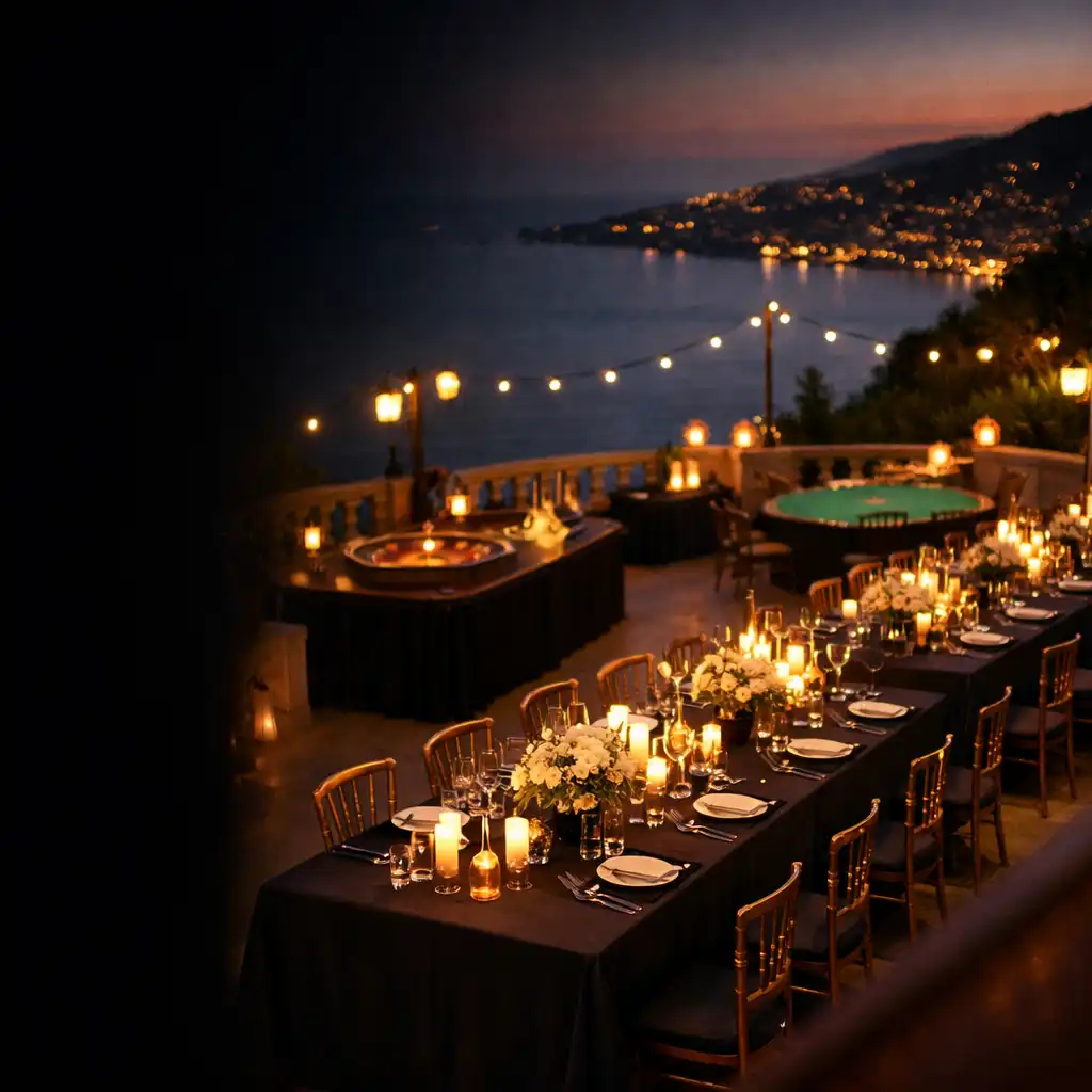 Terrasse de gala privée éclairée le soir avec tables de réception et animations de table mobiles