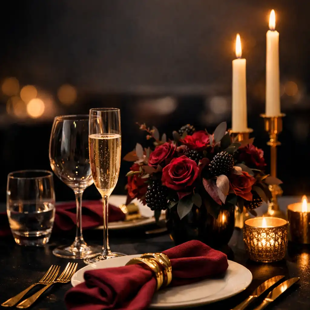 Détails d’une table de célébration avec bougies, verres et accents dorés