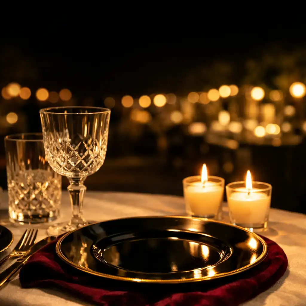 Détail d’une table de réception privée avec verre, bougies et liserés dorés