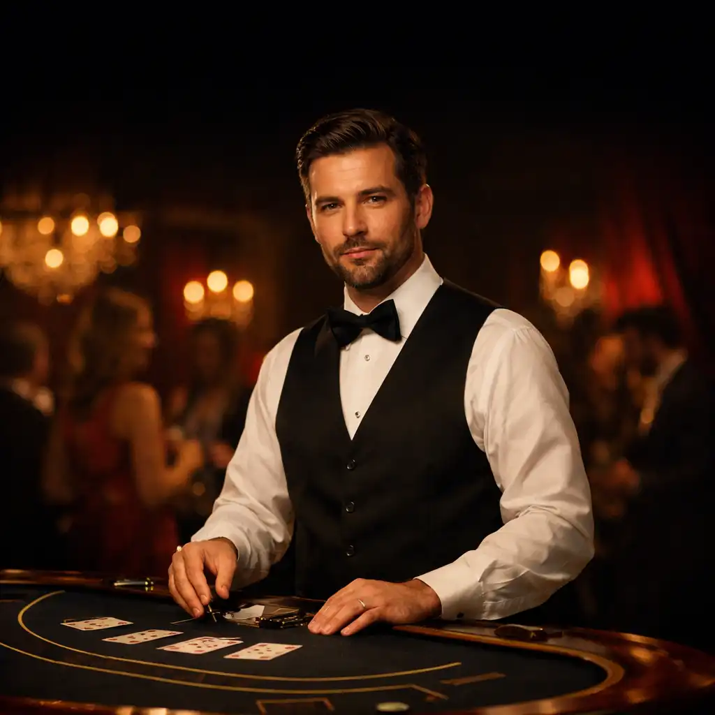 Croupier professionnel derrière une table de blackjack mobile lors d’une soirée privée