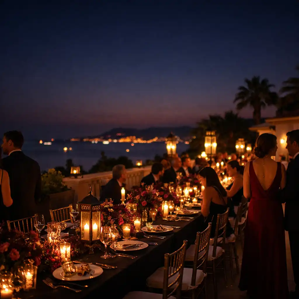 Réception privée sur une terrasse méditerranéenne éclairée au crépuscule