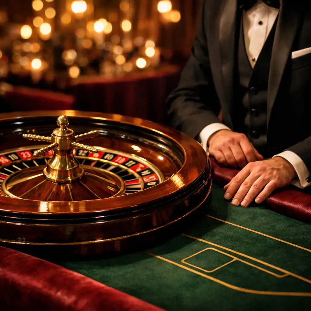 Détail d’une roue de roulette et d’un tapis de poker dans une installation de réception