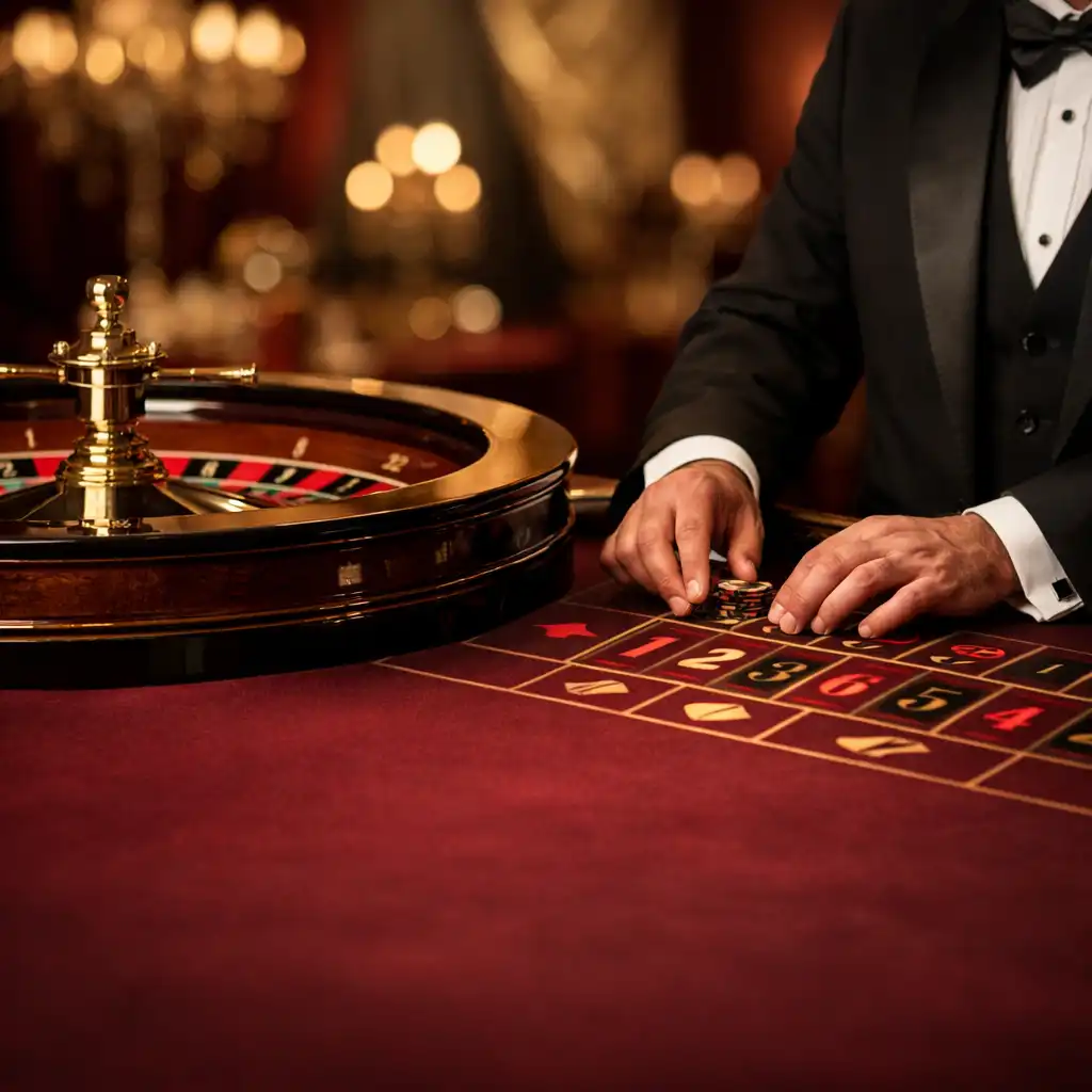Détail d’une table de casino mobile élégante préparée par un croupier professionnel