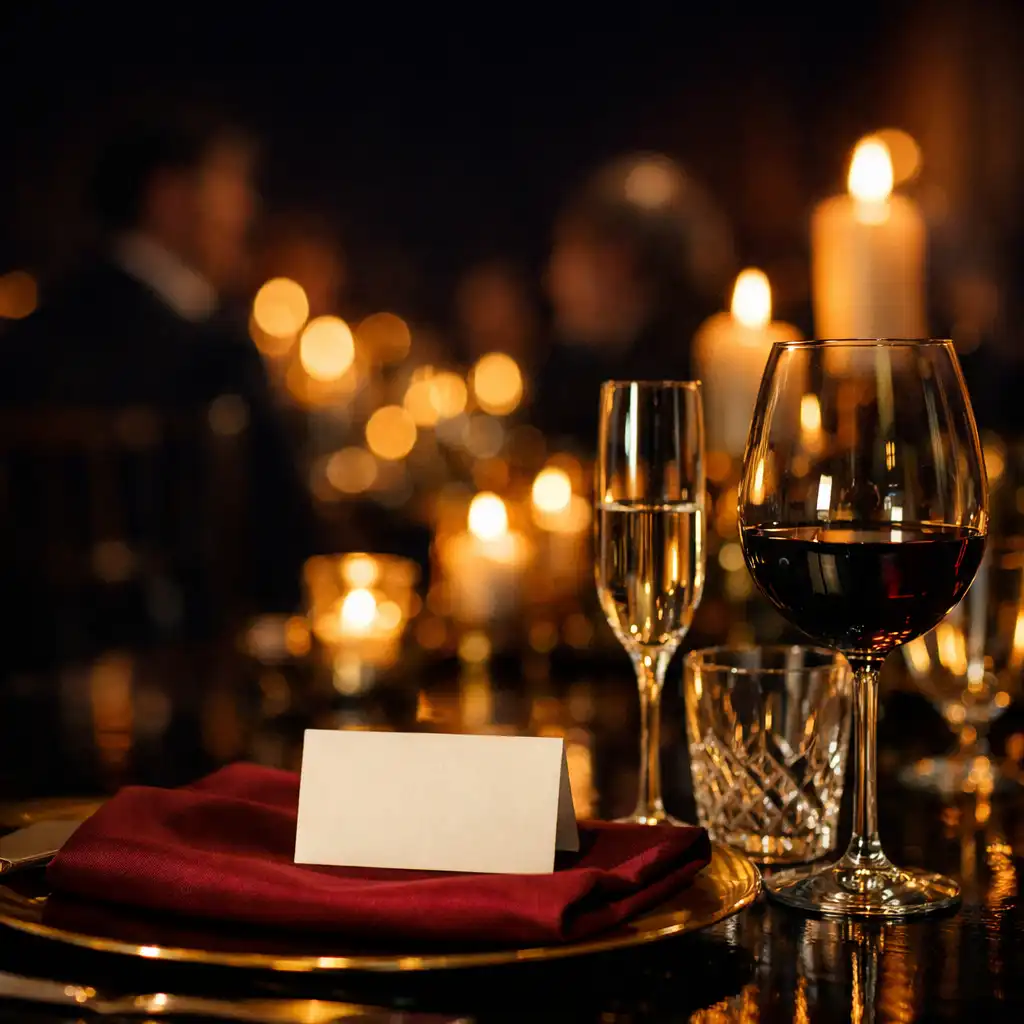 Détail raffiné d’une table de gala avec verrerie, bougies et touches bordeaux