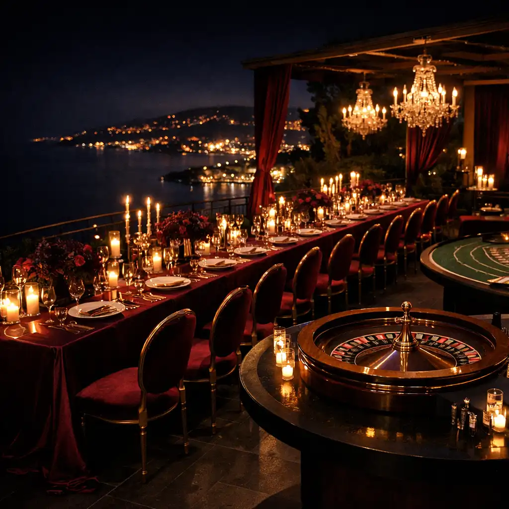 Terrasse de gala éclairée pour une réception privée avec tables d’animation élégantes